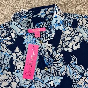 NWT Lilly Pulitzer Farren Top Low Tide Navy Women Siz Large Silk Bouquet All Day